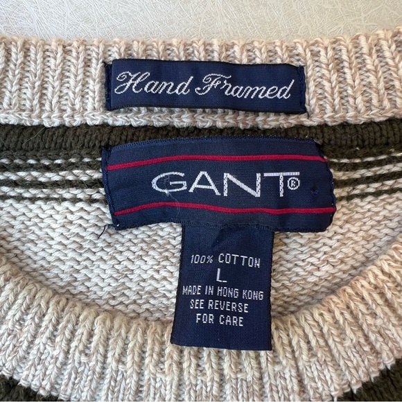 Vintage Gant Sweater Hand Framed Golf Striped Tan Grandpa 100% Cotton Men Size L - Picture 7 of 7